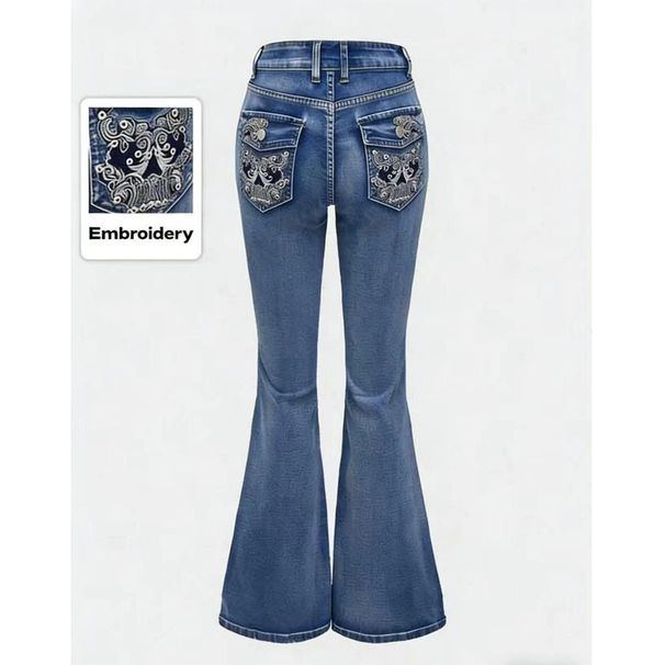 Women's Clothing Women's Vintage Washed High-Waisted Flared Jeans – Embroidered Pocket Retro Denim Pants With Stretch (S-L, Blue/Light Blue)_ecoleips.com