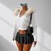 Petite Hooded Short Jacket Large Fur Collar Zip Up Solid Color Cropped Sexy Sweatshirt Autumn Winter Outerwear_ecoleips.com