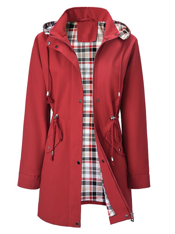 Hooded Belted Trench Coat – Plaid-Lined Windbreaker With Drawstring Waist For Women (Black, Burgundy, Violet, Ivory, Army Green, S-XXL)_ecoleips.com