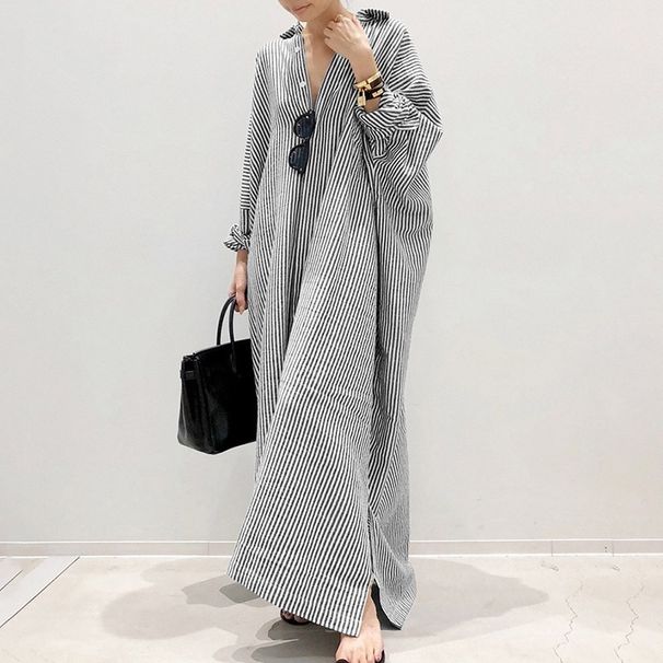 Women's Plus Size Women's Clothing Long Skirt Striped Straight Skirt Shirt Dress Loose Coat Three-quarter Sleeve Dress_ecoleips.com