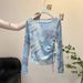 Vintage Tie-Dye Mesh Sunscreen Shirt For Summer Vacation, Irregular Drawstring Long Sleeve Top, Stylish T-Shirt A10676_ecoleips.com