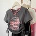 Fashion Plus Size Vintage Cropped Lettered V Neck Short Sleeved Top With Side Drawstring Ruffled American Style Suit_ecoleips.com
