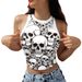 Halloween 's Top, New European And American Style, Skull Digital Print, Sleeveless Off-shoulder Short Tank Top For_ecoleips.com