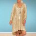 Summer Short Sleeve V Neck Long Dress Solid Color Sequin Loose Pullover Casual City Style Blouse Dress For Women_ecoleips.com