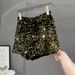 Sequin Embroidered High-Waist Shorts For Women - Stretchy Slim-Fit Hot Pants With Pockets, Black & Silver Glam Style_ecoleips.com