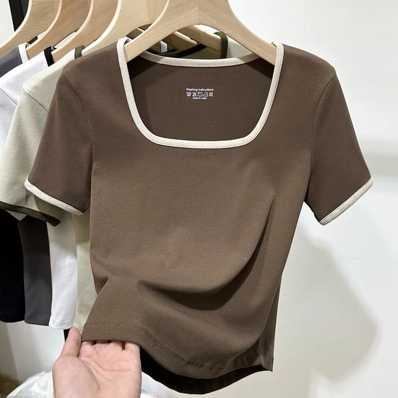 Women's U Neck Striped T-Shirt Short Sleeved Plus Size Top Versatile Hides Tummy New Summer Fashion_ecoleips.com