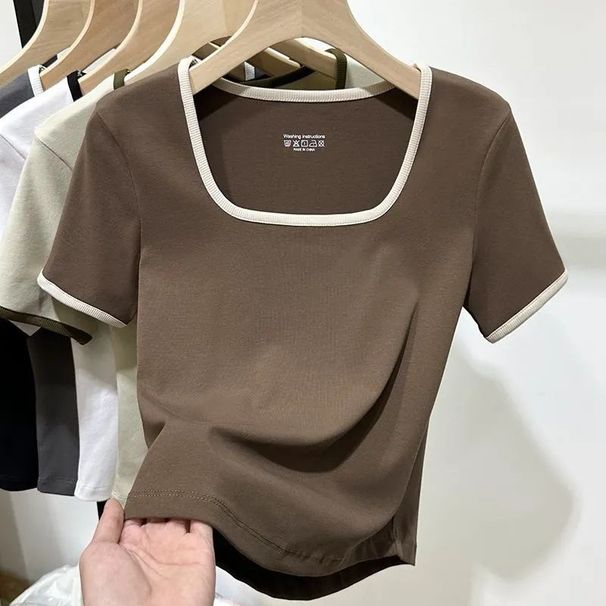 Women's U Neck Striped T-Shirt Short Sleeved Plus Size Top Versatile Hides Tummy New Summer Fashion_ecoleips.com