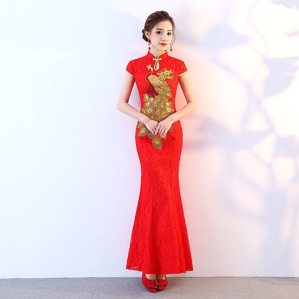 Elegant Chinese Qipao Dress With Peacock Pattern, Short Sleeve Lace Fishtail Hem, Slim-Fit Banquet & Wedding Reception Dress_ecoleips.com