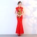 Elegant Chinese Qipao Dress With Peacock Pattern, Short Sleeve Lace Fishtail Hem, Slim-Fit Banquet & Wedding Reception Dress_ecoleips.com