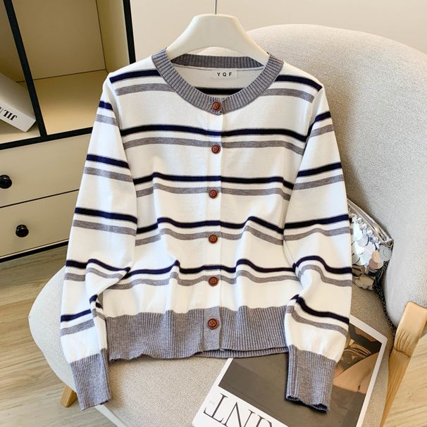 Women's Clothing Style Women's Cardigan Sweater Round Neck Color Blocked Striped Design Autumn Long Sleeve For Formal & Casual_ecoleips.com