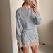 Elegant Round Neck Lace Trim Asymmetrical Long Sleeve T-Shirt For Women – Breathable Polyester Blend, Office & Casual Wear (Blue/White, S-2xl)_ecoleips.com