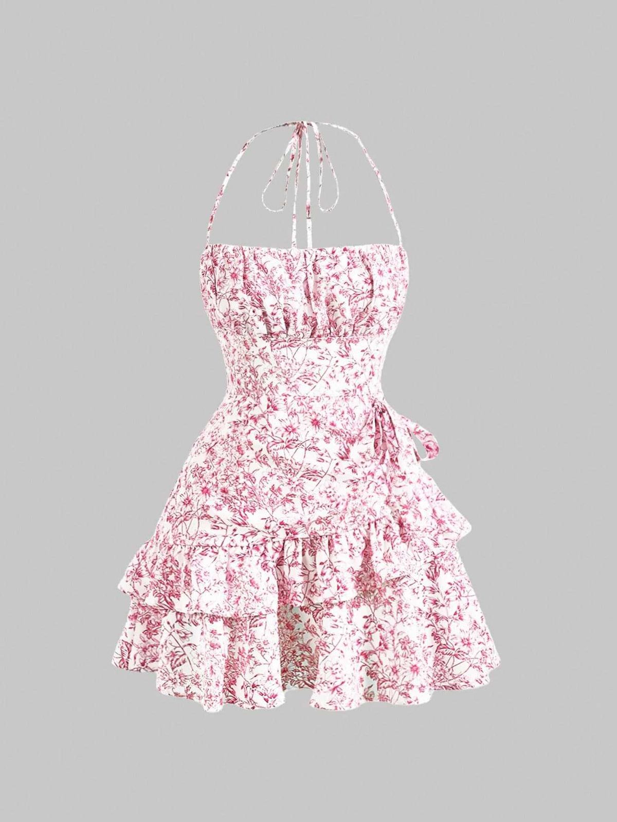 Women's Clothing Women's Floral Print Ruffled Halter Neck Dress Sexy Waist Cinching Skirt Style Fashion For Formal & Casual_ecoleips.com
