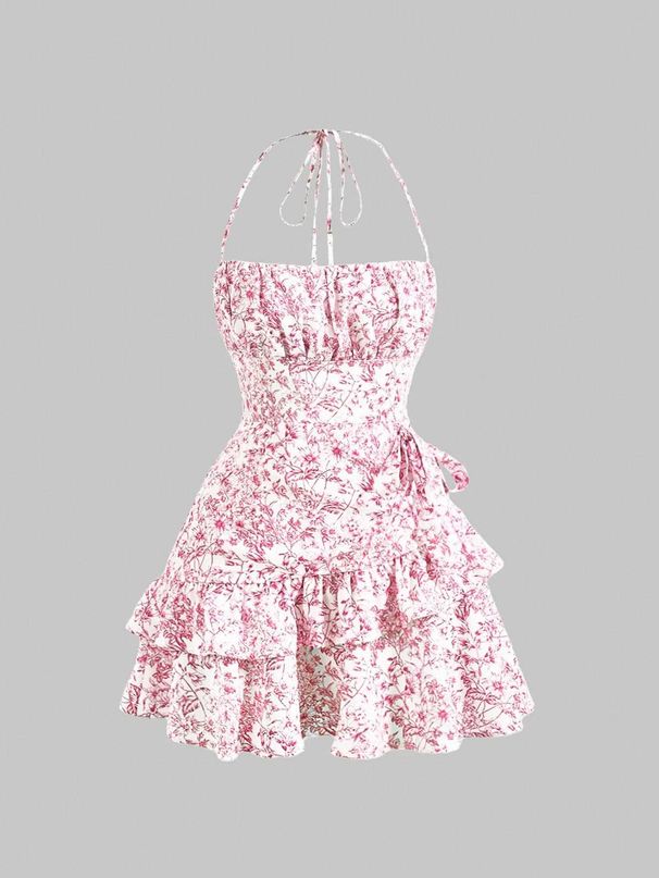 Women's Clothing Women's Floral Print Ruffled Halter Neck Dress Sexy Waist Cinching Skirt Style Fashion For Formal & Casual_ecoleips.com