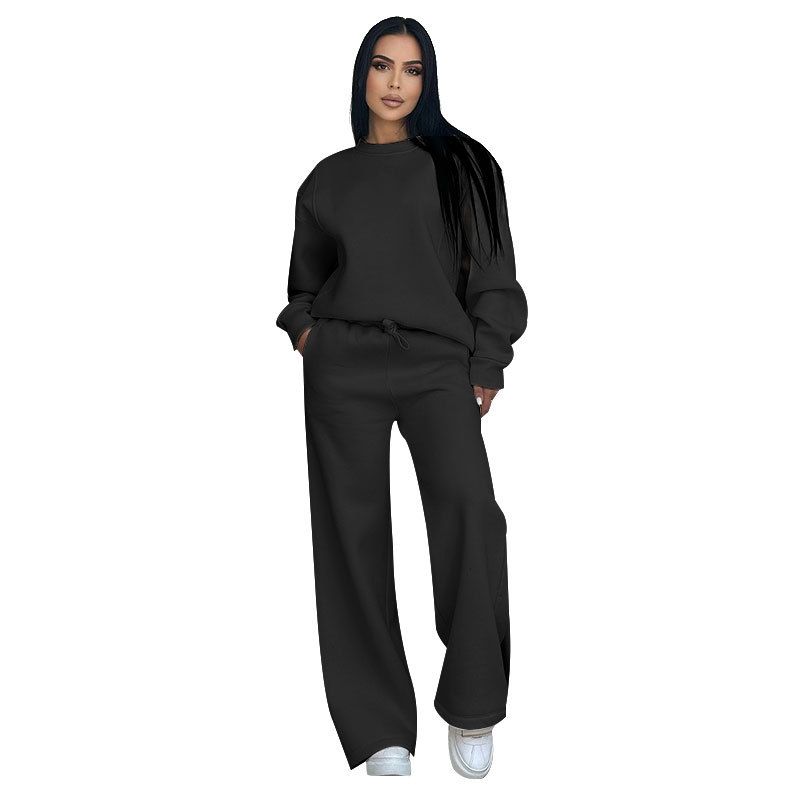 Women's Clothing Solid Color Round Neck Long Sleeve Loose Women's Fashion Casual Wide Leg Pants Suit_ecoleips.com