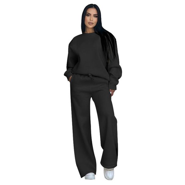 Women's Clothing Solid Color Round Neck Long Sleeve Loose Women's Fashion Casual Wide Leg Pants Suit_ecoleips.com