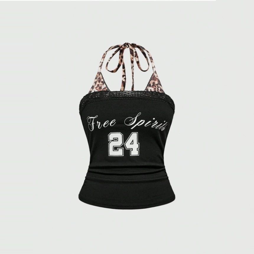 Black Halter Neck Floral Print Vest Slim Fit Tie up Backless Design Retro Style Unique Top for Women_ecoleips.com