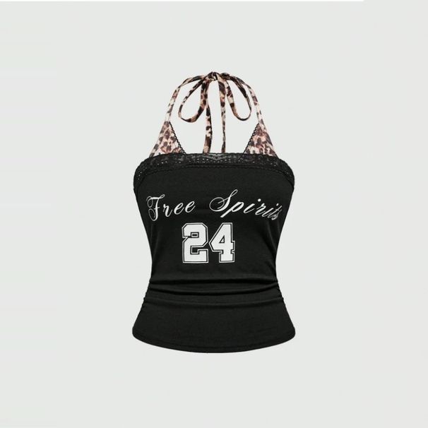 Black Halter Neck Floral Print Vest Slim Fit Tie up Backless Design Retro Style Unique Top for Women_ecoleips.com