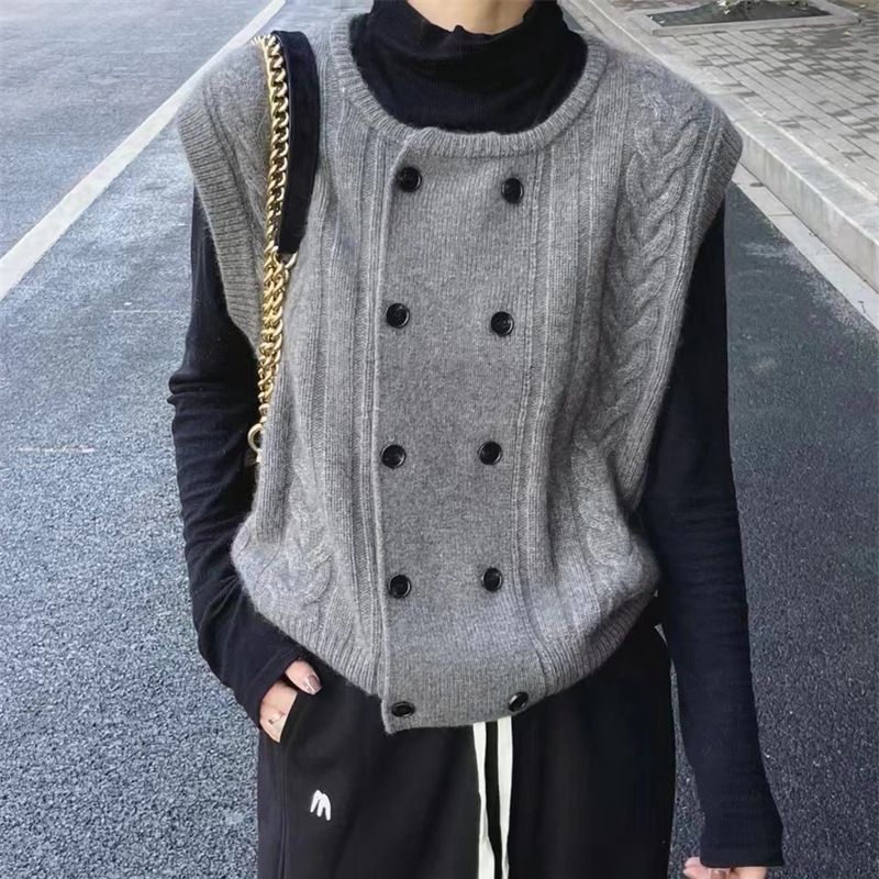 Women's crew neck knitted casual vest_ecoleips.com