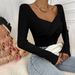 Voya Women's New Stock Slim Fit Waist Cinched Chicken Heart Collar Knitted Long Sleeved T-shirt Commuting Top_ecoleips.com