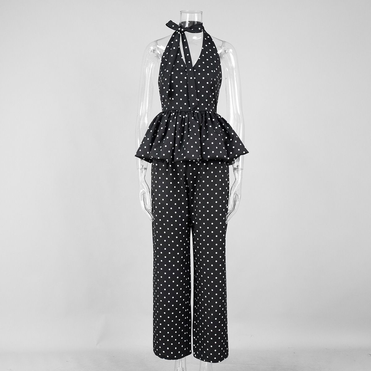 Polka Dot Jumpsuit Set – Sleeveless Halter Top + Wide-Leg Pants (S-L, Black/White) Breathable Polyester_ecoleips.com