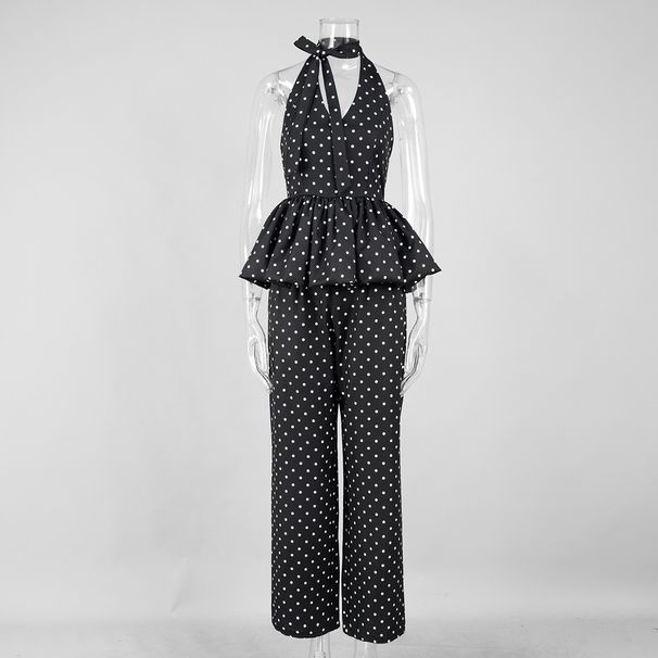 Polka Dot Jumpsuit Set – Sleeveless Halter Top + Wide-Leg Pants (S-L, Black/White) Breathable Polyester_ecoleips.com
