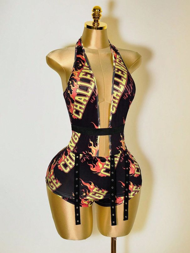 Women's Sexy Fit Jumpsuit Deep V Neck Halter Neck Letter Print Summer New_ecoleips.com