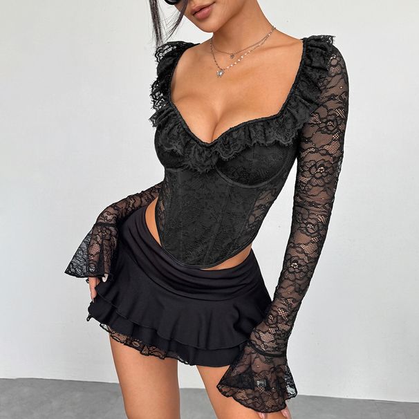 Pure Desire INS Style Slim Fit Fishbone Top With Elastic Lace Steel Ring Early Autumn Hot Girl Temperament_ecoleips.com