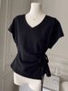Solid Color Strap Design V-neck Short-sleeved T-shirt Women's Summer Slim-fit Korean Version Inner And Outer Waist Top_ecoleips.com
