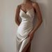 Summer European And American New Fashion Elegant V-neck Slim-fit Sexy Backless Slit Satin Women's Slip Dress_ecoleips.com