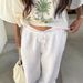 Women's Clothing Solid Color Elastic Cotton And Linen Drawstring Street Style Trousers, White Casual Straight Leg Floor Length Trousers_ecoleips.com