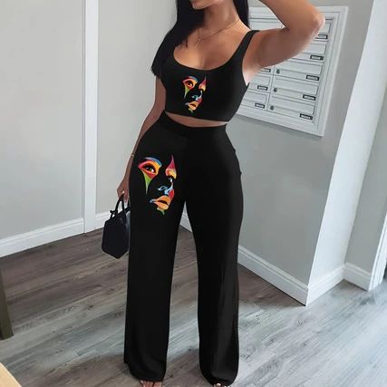 Women's Digital Print Two Piece Set Sleeveless Vest And Trousers Relaxed Everyday Wear Comfortable Feshion_ecoleips.com