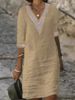 Women's Clothing Women's Style Solid Color V Neck Mid Sleeve Cotton Linen Casual Dresses Lace Trimmed For Formal & Casual_ecoleips.com