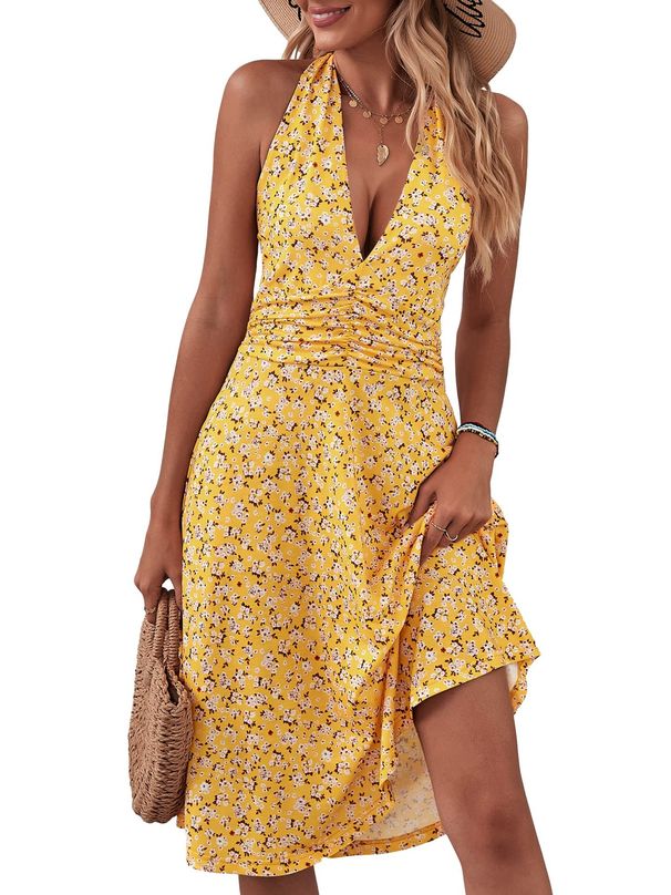 Women's Clothing Women's Sleeveless Halter Neck Bohemian Dress Urban Fashion Floral Pockets Elastic Waist Pleats_ecoleips.com