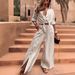 Women's Spring Casual Two Piece Set V Neck Irregular Top Wide Leg Button Design Cotton Pants_ecoleips.com