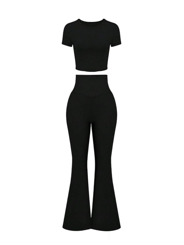 Aria Basics 2026 Spring/Summer New European And American Cross-Border Bell-Bottom Pants High-Waisted Cropped Top Short-Sleeve_ecoleips.com
