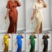 Summer New Arrival Women's Solid Color Satin V-Neck Short Sleeve Fitted Waist Skirt With Side Slit Long Skirt_ecoleips.com