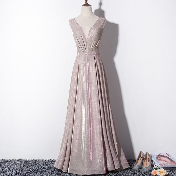 Elegant V-Neck Evening Gown Slim Fit Long Formal Dress For Banquet, Hosting, Party (Champagne Gold) - Sizes XS - XXXL_ecoleips.com