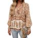 Women's Bohemian Resort Style Blouse V Neck Tie Waist Long Sleeve Printed Shirt European American Foreign Trade Fashion_ecoleips.com