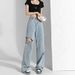 Blue Ripped Denim Women's High Street Straight-leg Distressed Summer Thin Loose Drapey High-waisted Wide-leg_ecoleips.com