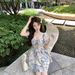 French Hepburn-style Forest-themed Mid-length In Misty Blue With Square Neckline Floral Pattern, A Stylish And Youthful_ecoleips.com