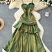 French Goddess Style Women's Dress Strapless Halter Square Neck Pleated Waist Ruffled Hem_ecoleips.com