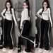 Women's Slim Fit Two Piece Set With Wide Leg Pants Casual Sports Style Long Sleeve Top Autumn Fashion Polyester Faux Leather_ecoleips.com