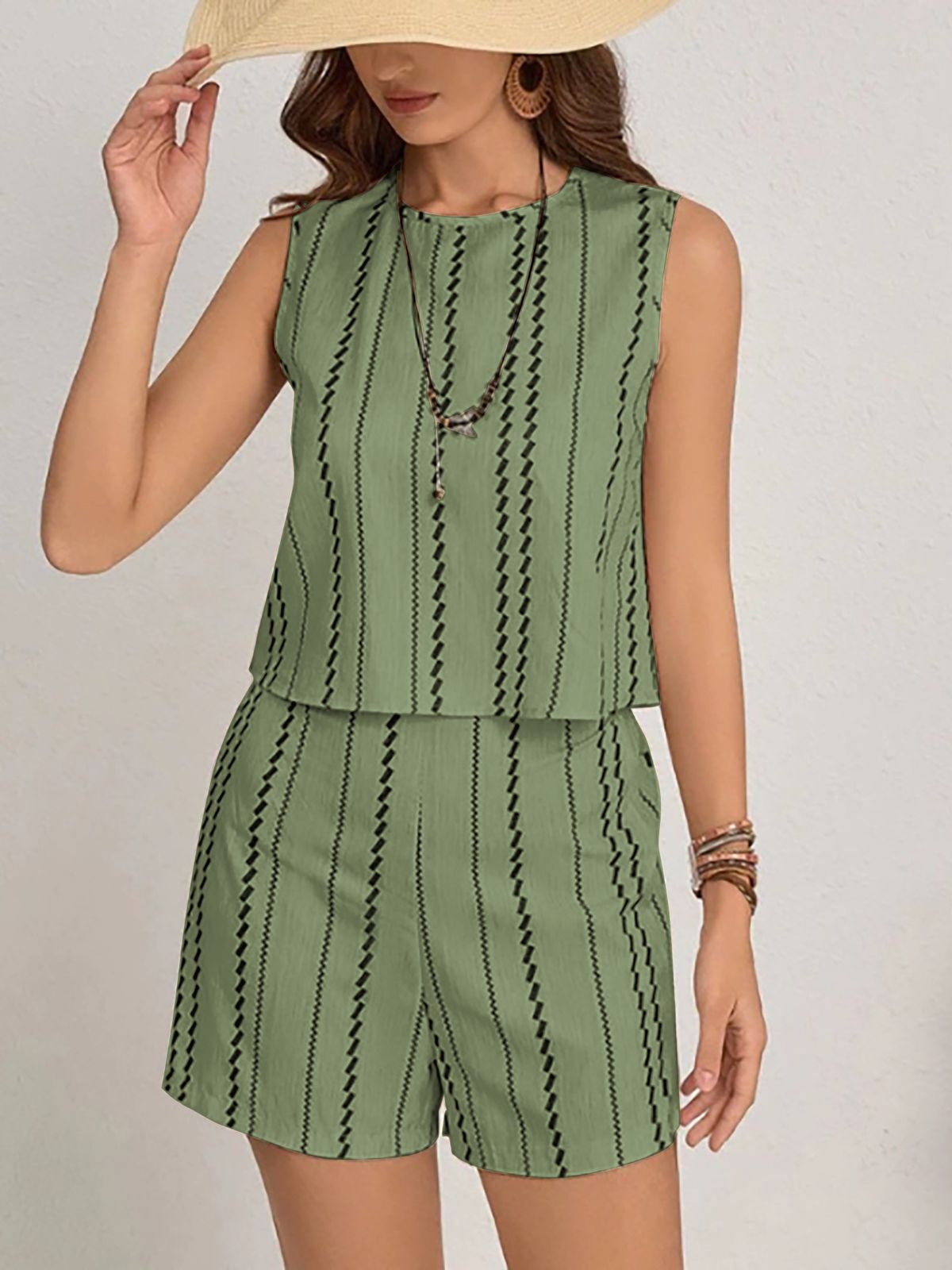 Women's Clothing Summer Casual Striped Sleeveless Fashion Vest Shorts Two Piece Suit_ecoleips.com