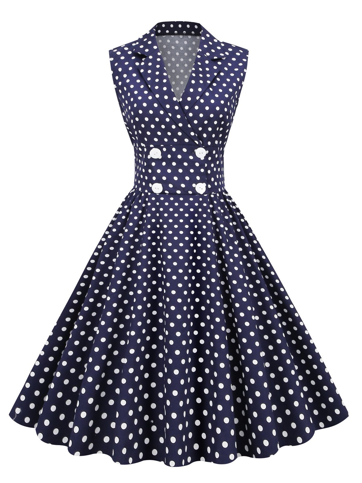 Women's Retro Hepburn Dress Style Polka Dot Patchwork Lapel Sleeveless Double Breasted Literary Style_ecoleips.com