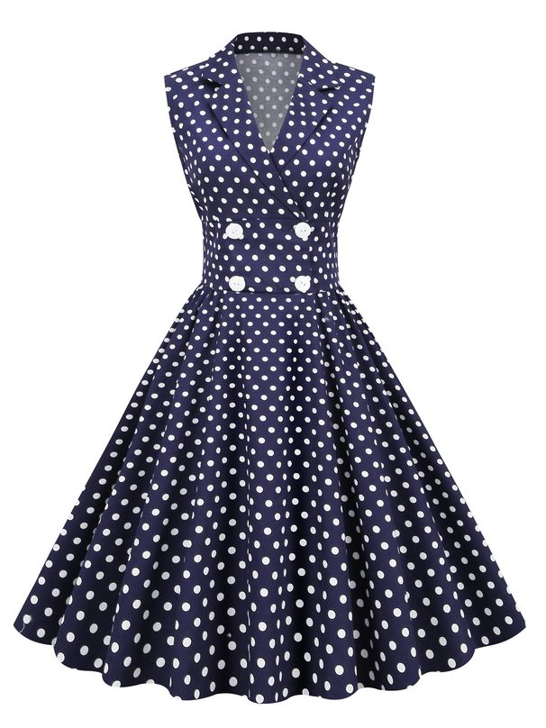 Women's Retro Hepburn Dress Style Polka Dot Patchwork Lapel Sleeveless Double Breasted Literary Style_ecoleips.com