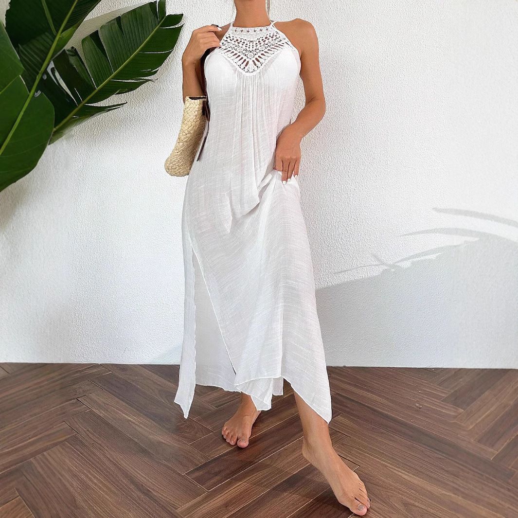 Women's Clothing New Long Skirt Solid Color Sexy Hollow Beach Skirt Swimsuit Cover Up Sun Protection Clothing_ecoleips.com