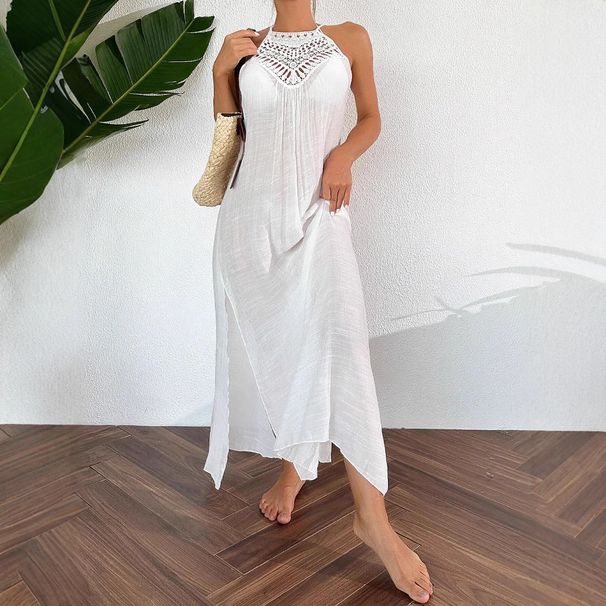 Women's Clothing New Long Skirt Solid Color Sexy Hollow Beach Skirt Swimsuit Cover Up Sun Protection Clothing_ecoleips.com