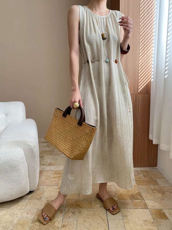 Spring And Summer Women's Casual Solid Color Round Neck Sleeveless Loose Dress Casual Women Dresses 2025 New Summer Korean BQ0M_ecoleips.com
