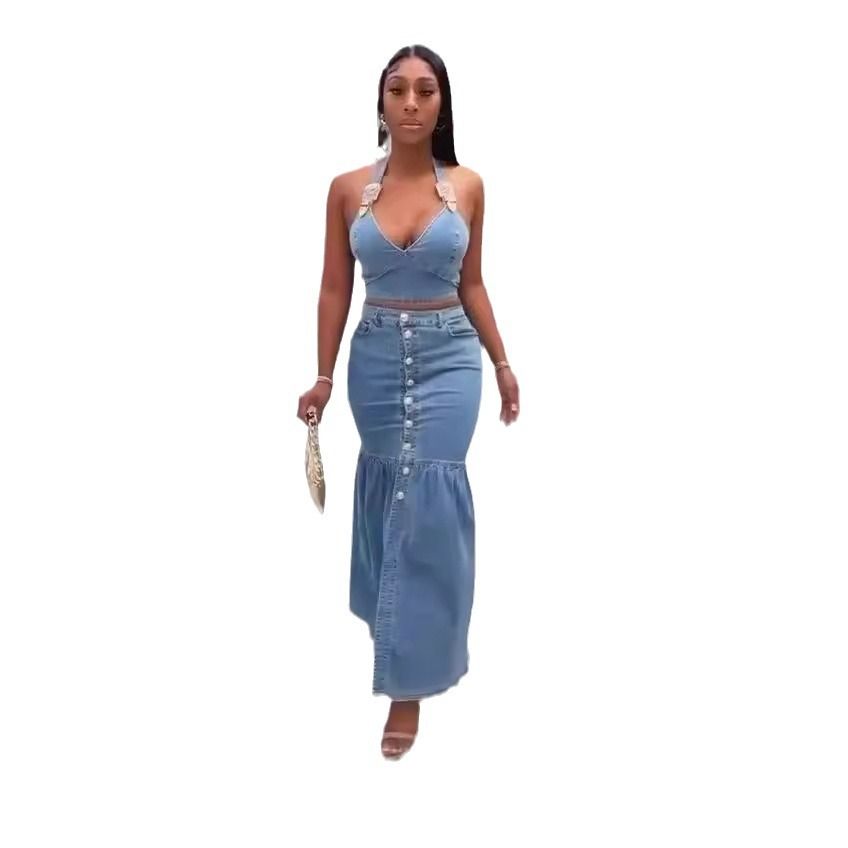 Women's Clothing Micro Elastic Suspenders Low Cut Denim Suit Button Long Skirt Suit_ecoleips.com