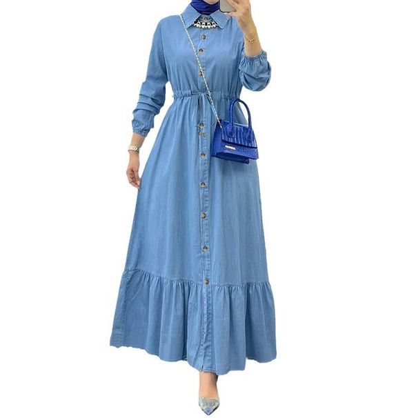 Women's Clothing New Muslim Ladies Solid Color Cardigan Fashionable And Elegant Denim Dress_ecoleips.com